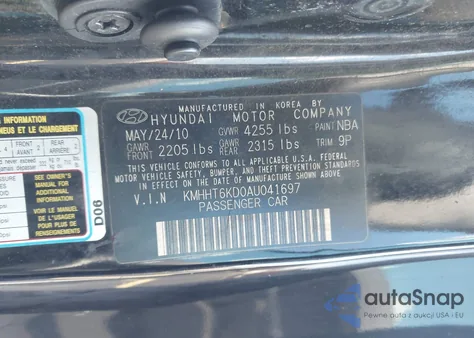 2010 Hyundai Genesis 2.0T from USA, damaged, VIN KMHHT6KD0AU041697